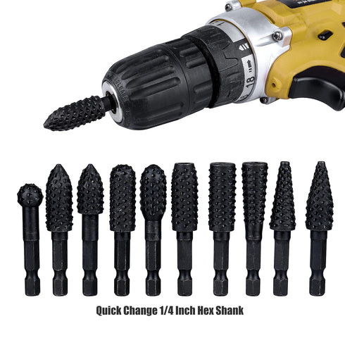 Yakamoz 10Pcs 1/4 Inch Hex Shank Rotary Rasp File Set Wood Carving Burrs Rasp Drill Bits DIY Woodworking Tool for Wood Polishing Deburring Shaping...