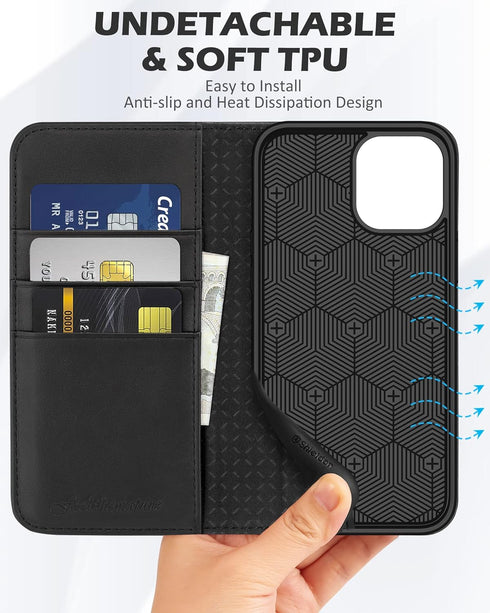 SHIELDON Case for iPhone 12 Mini 5G Genuine Leather Wallet Flip Magnetic Cover RFID Blocking Credit Card Holder Kickstand TPU Shockproof Case Comp...