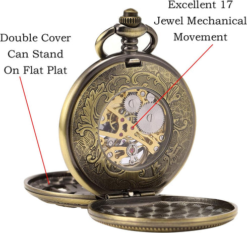SIBOSUN Pocket Watch Skeleton Mechanical Double Case Hand-Wind Roman Numerals Antique Chain Mens...