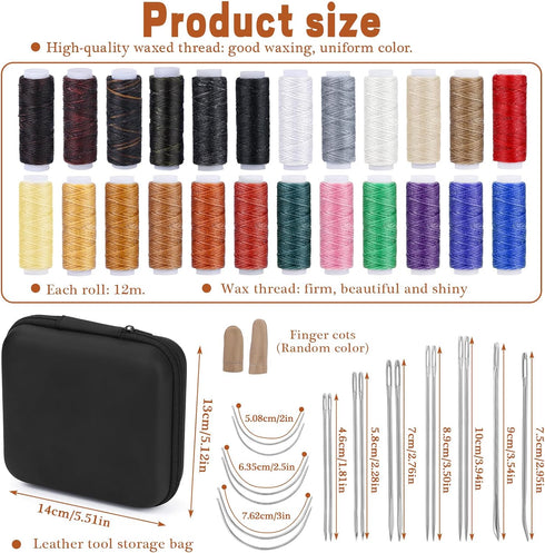 Leather Sewing Kit, Basic Hand Sewing Starter Set for Beginner, Leather Sewing Needle and 24-Color Waxed Thread Kit for Adults, Beginner, Home Tra...
