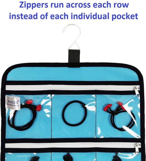 Hanging Jewelry Organizer with 10 Zippered Clear Pockets for Travel Suitcase and Home Closet Jewelry Storage Bag (BLUE)...