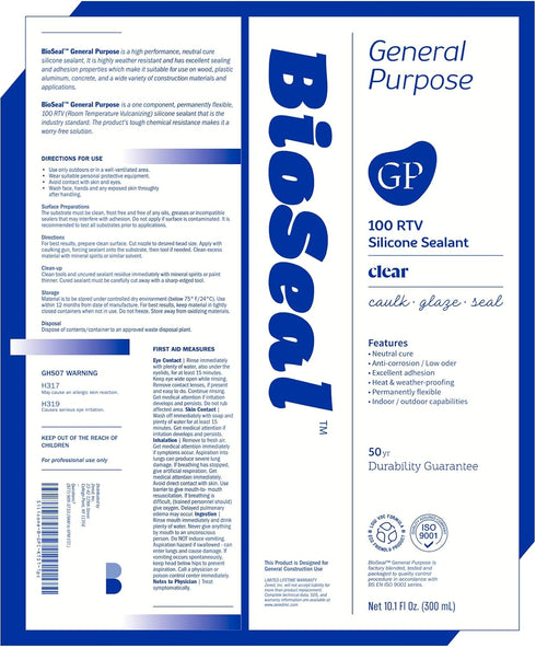 Clear BioSeal 100% Silicone Sealant Caulk General Purpose, Waterproof and Low Odor 10.1 Ounce Cartridge, Clear, (Pack of 1)...