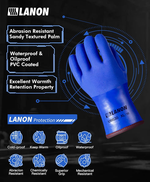 LANON PVC Coated Cold Proof Heavy Duty Gloves, Waterproof Warm Work Gloves for Freezer Work, Chemical & Oil Resistant, Non-Slip, XL...