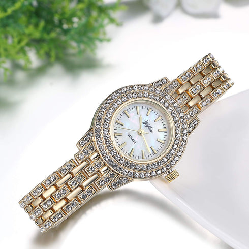 JewelryWe Women Watches Gold Tone Alloy Rhinestone Quartz Watch Stylish Bling Dress Watch Wristwatches for Valentine’s Day...