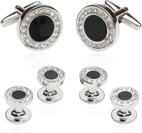 Black Onyx and Crystal Silver Cufflinks and Studs Formal Set with Travel Presentation Gift Box - 5/8" cufflinks, 3/8" studs - Men's Wedding Party ...