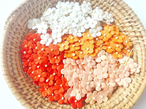 PLflower Set of 50 Tiny Flower Mixed Tone Orange Embellishment with Thread stem Mulberry Paper Flower Size 0.30" Very Small Orange1 Craft Handmade...