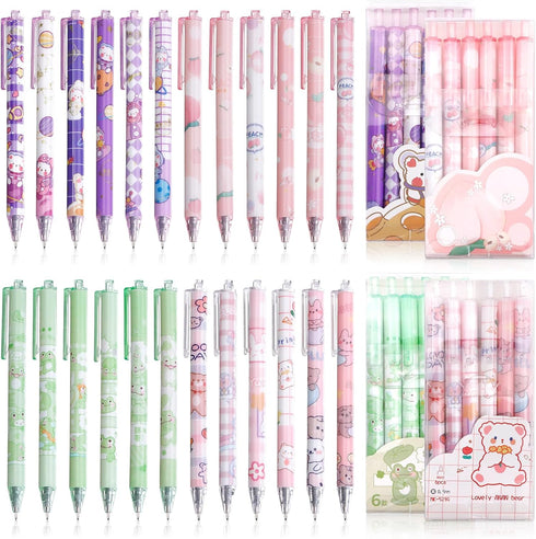 24Pcs Kawaii Gel Ink Pens, 0.5mm Black Ink Retractable Gel Pens, Fine Point Aesthetic Pens, Cute Office School Supplies for Kids Girl Women Writin...