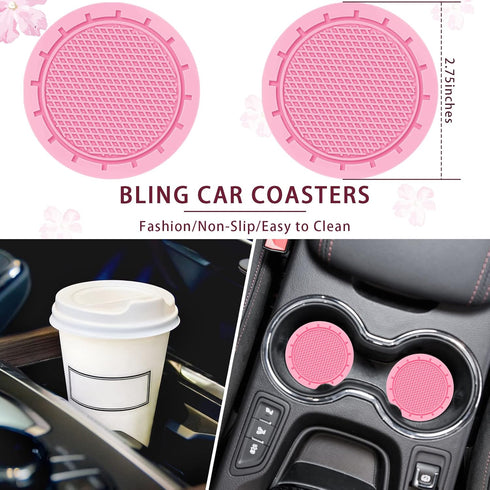 10 Pc Pink Leather Steering Wheel Cover Set - With Seat Belt Pads, Cup Holders, Bling Buttons...