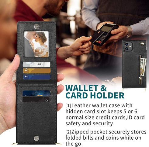 HOGGU Compatible for iPhone 11 case,Crossbody Wallet Case Leather with Card Holder,Kickstand,Magnetic Closure Flip Folio Zipper Purse,Adjustable R...