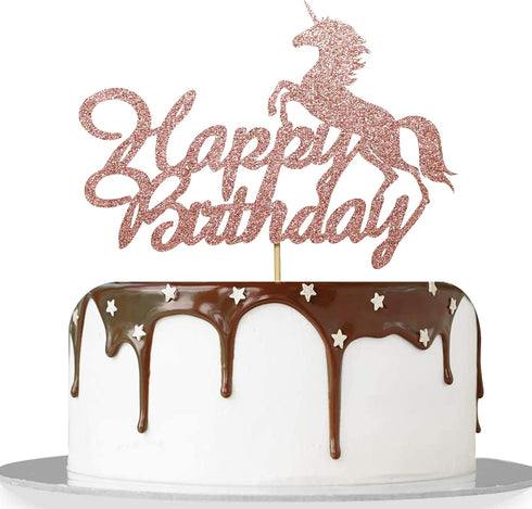 happy birthday cake topper rose gold glitter unicorn theme boy girl children birthday party cake decoration...