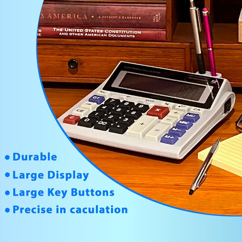 Lily's Home Large Desktop Calculator with Built-in Pen and Pencil Holder. 12-Digit Large Display, Dual Power Battery and Solar - Ideal for School ...