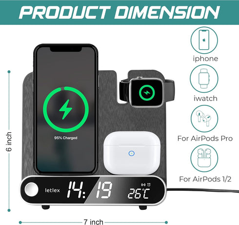 Smart 3 in 1 Wireless Charger Alarm Clock – Digital with LED Display – Qi 15w Fast Charging Station – with 18w Adapter & Type C Cable – Compatible...