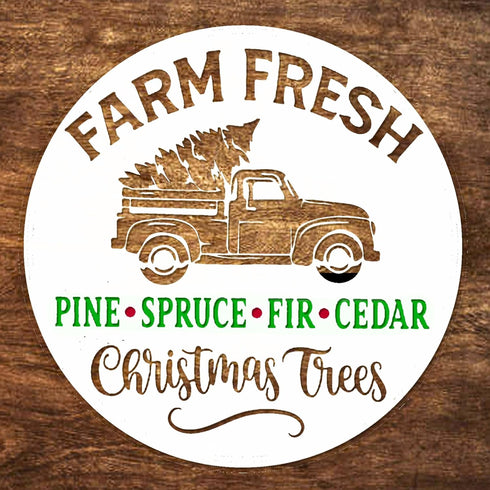Large Farm Fresh Christmas Stencil, Round Paint Stencils for Crafts, Farmhouse Stencils for Painting on Wood - Tree Stencil Reusable, Pine Cedar T...