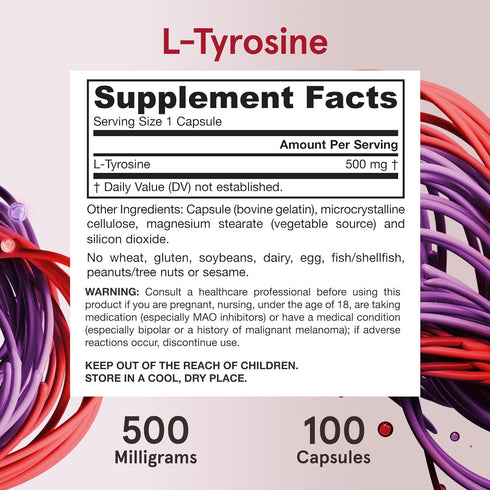 Jarrow Formulas L-Tyrosine 500 mg, Dietary Supplement, Amino Acid Supplement for Brain Health Support, 100 Capsules, 100 Day Supply...