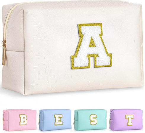 Initial Makeup Bag, Personalized Initial Bags with Zipper, Cute Makeup Pouch, PU Leather Waterproof Cosmetic Bag, Birthday Gift For Women, Preppy ...