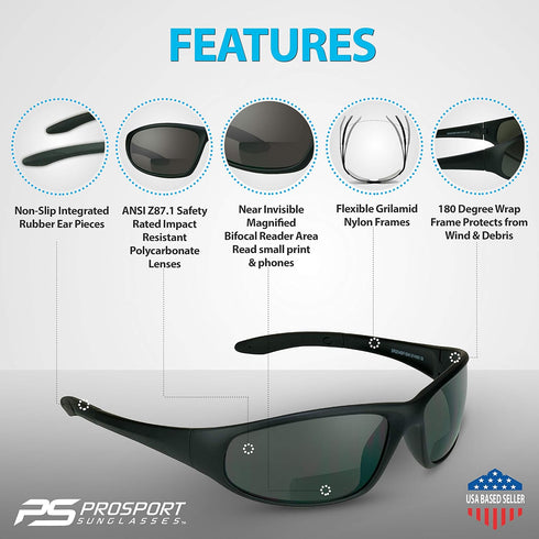 proSPORT Z87.1 Bifocal Safety Sunglasses ANSI for Men Women Readers Sport Wrap Dark Gray Smoke Black +1.50 +2.00 +2.50 +3.00...