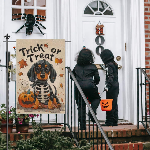 Halloween Garden Flags for Outside 12x18 Inch Double Sided Burlap, Trick or Treat Dachshund Garden Flag Halloween Dog Skeleton Decorations for Hom...