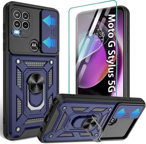 for Moto G Stylus 5G (2021) Phone Case with Screen Protector,Shockproof Phone Cover with Magnetic Kickstand Ring Case for Motorola G Stylus 5G 202...