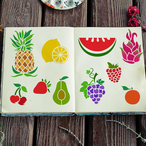 FINGERINSPIRE 3PCS Fruits Painting Stencil 11.7x8.3 inch Hollow Out Banana Lemon Cherry Avocados Stencil Reusable Plastic Strawberry Pear Watermel...