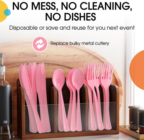 Exquisite Disposable Pink Plastic Knives 50 Pcs - Heavy Duty Pink Plastic Disposable Cutlery - Pink Disposable Flatware, Pink Plastic Silverware, ...