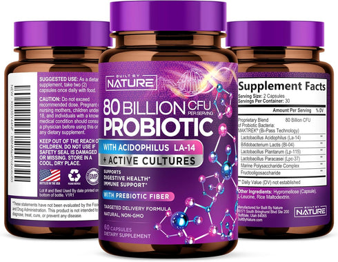 80 Billion CFU Probiotic - Daily Digestive Gut Health Supplement for Men & Women - Lactobacillus acidophilus, Bifidobacterium & Prebiotics - Non-G...