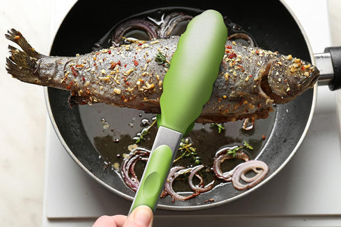 Premium Silicone Set of 2 Cooking Tongs, 9-Inch & 12-Inch BPA Free Non-Stick Stainless Steel BBQ Grilling Locking Food Tong, Light Green...