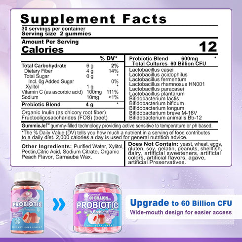 Sugar Free Probiotic Gummies 60 Billion CFU 11 Strains with Prebiotics Fiber, Probiotics Filled Gummies for Women Men Digestive Health, Peach Flav...