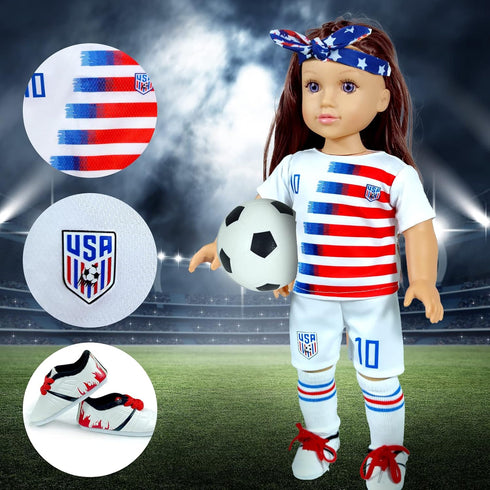 18-Inch-Doll-Clothes and Accessories - WONDOLL World Cup Team USA 18'' Soccer Uniform Outfits includes Headband,Shirt,Shorts, Socks,Shoes and Foot...