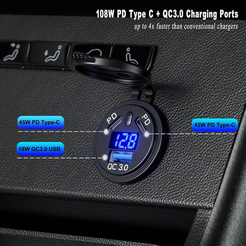 GemCoo 12V USB C Charge Socket, Dual 45W PD 18W QC3.0 12V USB Car Charge Outlet with Switch Voltmeter, Waterproof Fast Car Charger for for Car Boa...