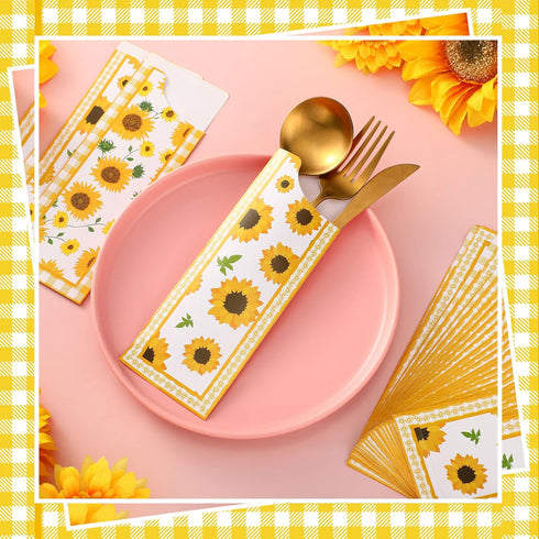100 Pieces Silverware Bags Sunflower Party Supplies Wedding Silverware Sleeves Sunflower Themed Utensil Holder Paper Silverware Bag Disposable Cut...