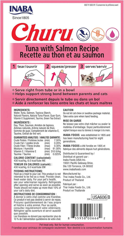 INABA Churu Tuna with Salmon Recipe Lickable Creamy Purée Cat Treats 24 Tubes...