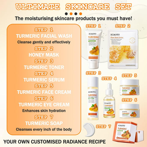 Turmeric Face Care Set with Hydrating Honey Face Masks,Skincare Gift Set Include Turmeric Cream,Cleanser,Face Serum,Toner,Eye Cream,Turmeric Soap,...