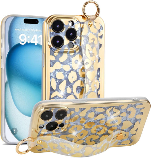 for iPhone 13 Pro Wrist Band Kickstand Cover Case Cheetah Print Ultra Slim IMD Shockproof Protection Holder Cover Case for Apple iPhone 13 Pro 6.1...