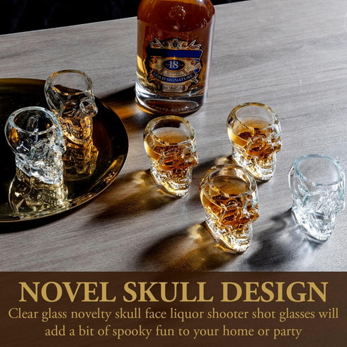MyGift Set of 6 Skull Shot Glasses – 2.8 oz Clear Glass Novelty Drinkware for Halloween Parties, Cocktail Bars & Home Decor – Spooky 3D Skull Desi...