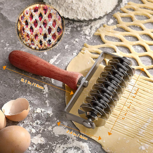 Stainless Steel Lattice Roller Cutter With Wood Handle - Dough Baking Tool for Cookie, Pie, Pizza, Bread, Pastry Crust - Household Time-Saver for ...