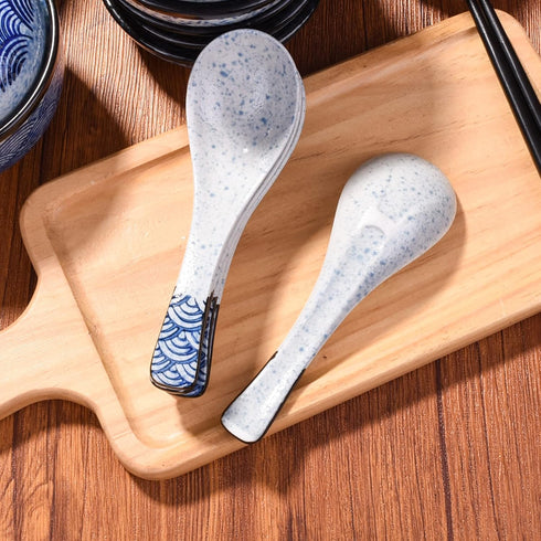 Ceramic Soup Spoons Japanese Ramen Spoons Set of 5 Wonton Spoon for Pho Ramen Noodles Wonton Dumpling Rice,With Blue Spots...