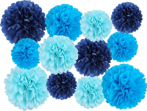 12 Pcs Tissue Pom Poms Kit, Tissue Paper Flowers for Birthday, Boy Baby Shower, Nursery, Graduation, Bachelorette Party Decoration (Blue Mix)...