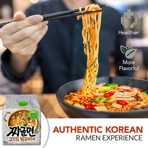Pulmuone Non-Fried Ramyun Korean Noodles - 4 Pack Korean Instant Noodles Doenjang Stew Flavor - Easy to Cook Authentic Korean Ramen with Distinctl...