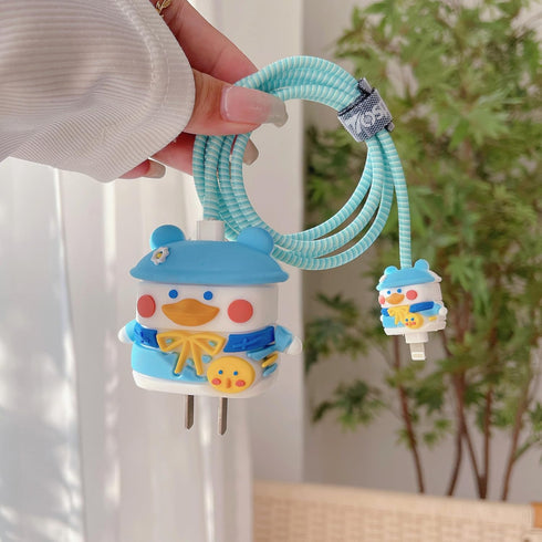 3D Cute Cartoon Charger Protector Case - Compatible for Apple 20W USB-C Power Adapter and Lightning Cable (Hat Duck)...
