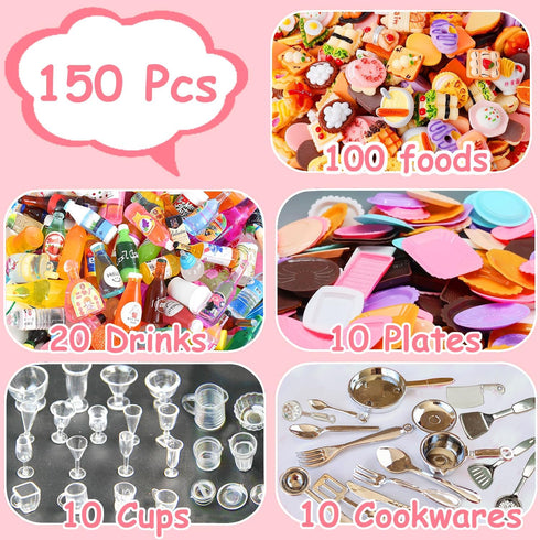 150Pcs Miniature Food Drinks Bottles Dollhouse Accessories 1:12 Mini Stuff Things Toy Set Dollhouse Pretend Kitchen Play Game Tiny Baking Hamburge...