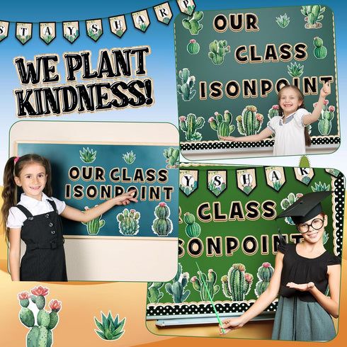 Qilery 64 Pcs Cactus Bulletin Board Set Greenery Classroom Bulletin Board Decoration Stay Sharp Our Class is on Point Cactus Bulletin Board Cutout...