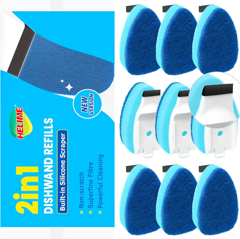 HELIME Heavy Duty Dishwand Sponge Refills, 2in1 Dish Wand Replacement Heads with Silicone Scraper, Non Scratch Dishwashing Brushs Scrubbers Soap D...