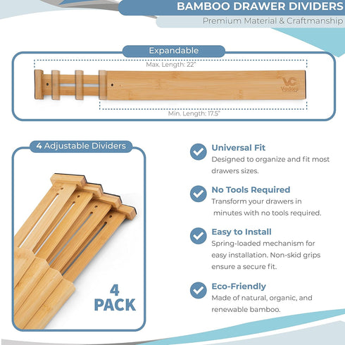 Adjustable Bamboo Drawer Dividers, Large 17"-22", Expandable Long Drawer Organizers and Separators for the Kitchen, Dresser, Bedroom, Bathroom, Of...