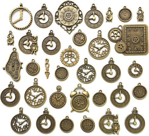 Gnognauq 100 Gram Clock Face Charm Pendant Multistyle Gears Steampunk Pendant for DIY Necklace Bracelet Jewelry Making and Crafting(Antique Bronze...