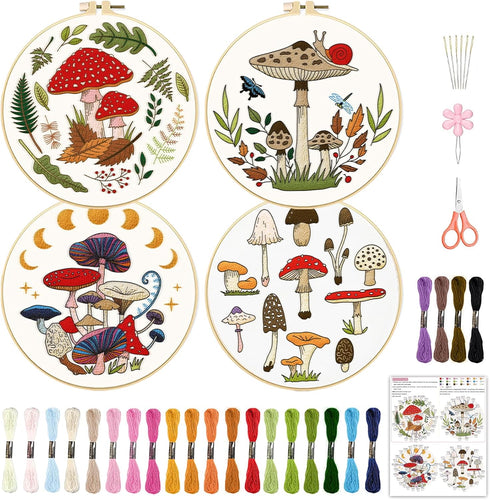 ORIGACH 4 Pcs Mushroom Embroidery Starters Kit for Beginners with Pattern and Instructions, Beginners Embroidery Stitch Practice kit Include Embro...