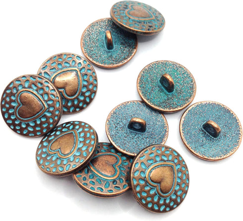 KARMELLING 10PC Metal Sewing Shank Buttons, Antiqued Copper Heart Carved Spray Painted Blue Round Button 18mm(6/8")...
