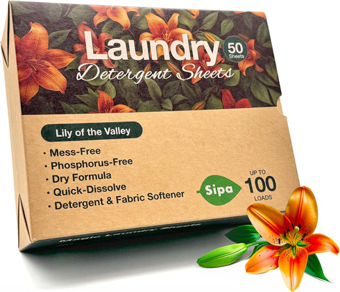 SIPA Laundry Detergent Sheets - 50 Sheets, 100 Loads, Lily of the Valley, Eco-Friendly, Phosphorus-Free (50 Sheets (Pack of 1))...