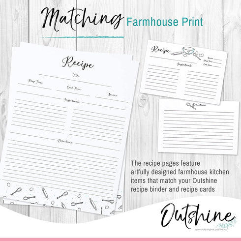 Outshine Premium Recipe Paper for 8.5" x 11" Recipe Binders, Farmhouse Design (50 Sheets) | Full Size Recipe Refill Pages for Binder | Recipe Card...
