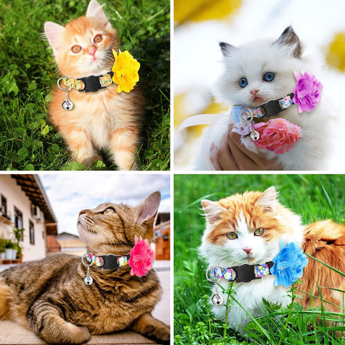 Weewooday 4 Pcs Spring Cat Collar for Girl Cats Gir Cat Collars Flower with Bell and Removable Floral Flower Patterns Adjustable Collar for Pets H...