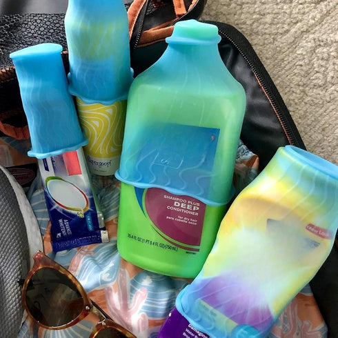 LeakLocks® Toiletry Skins™ Elastic Sleeve for Leak Proofing Travel Container in Luggage. For Standard and Travel Sized Toiletries. Reusable Access...